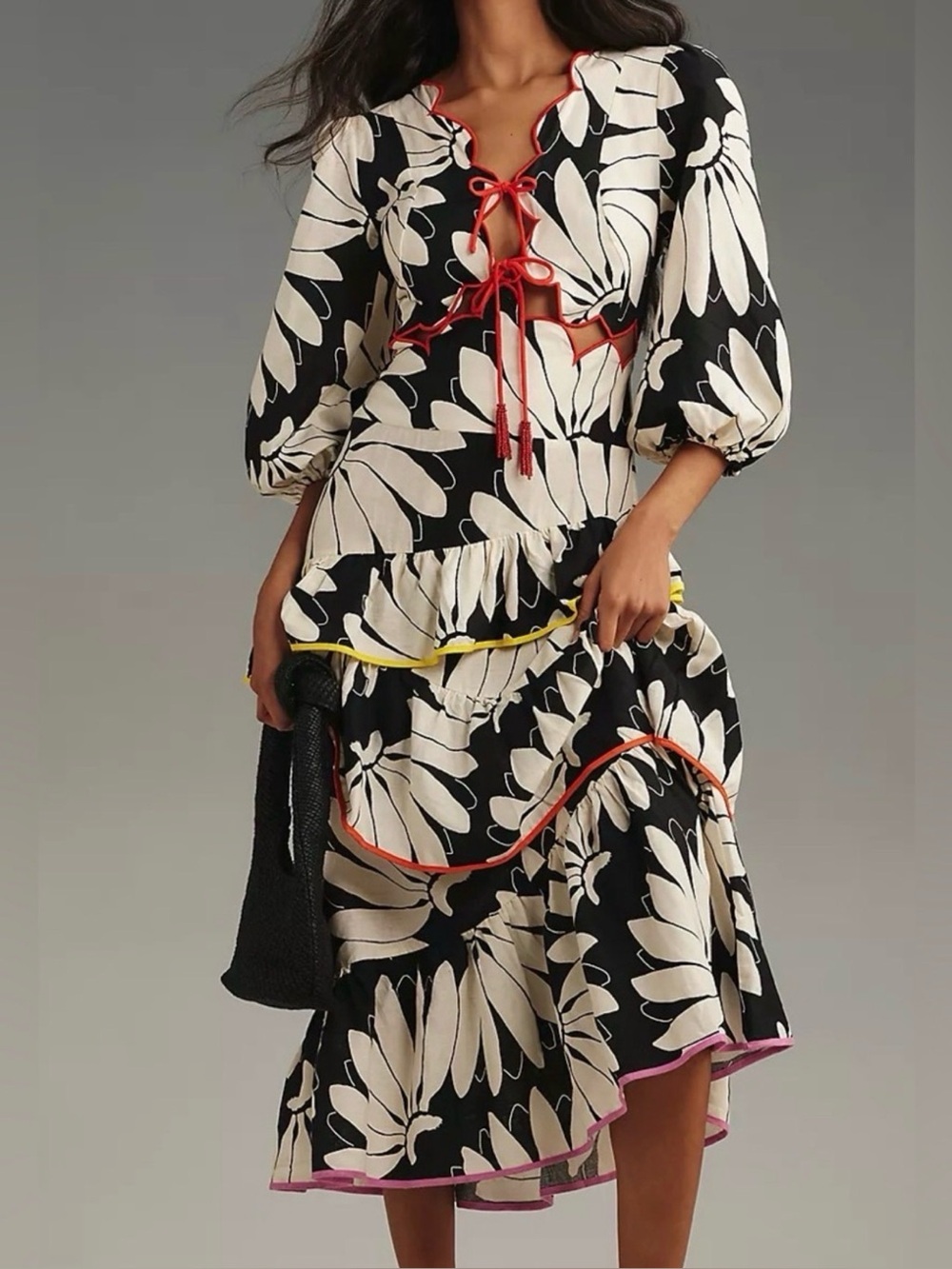 FARM Rio Black & Cream Floral High-Low Dress with Color Trim